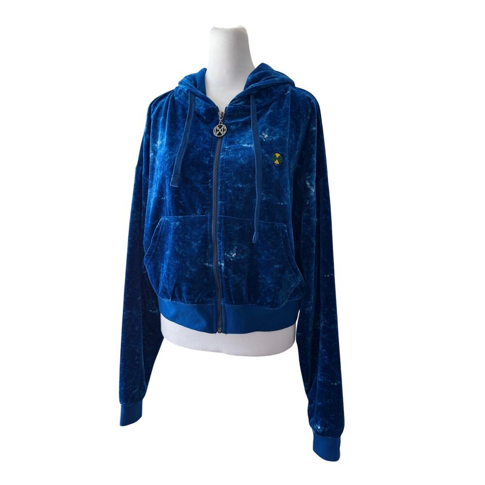 Vintage Y2K Cross Colours Royal Blue Velvet Full Zip Hoodie w/ Zipper Charm